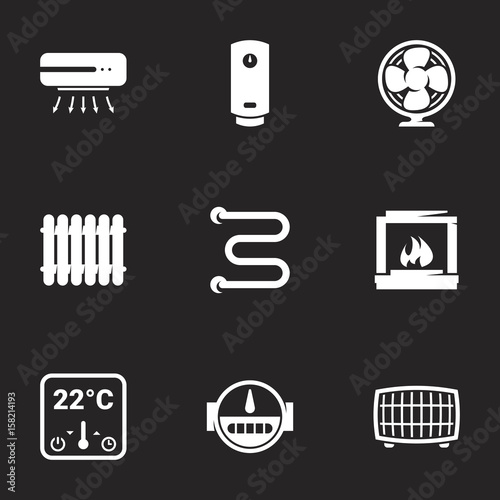 Icons for theme Household appliances, cooling, heating. Black background