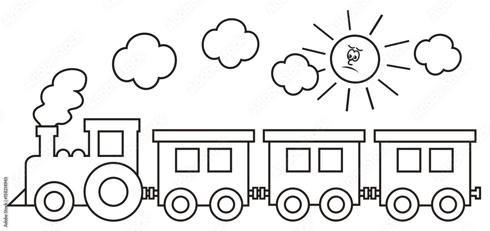 Steam locomotive with wagons. In background the smoke and the sun. Coloring book for kids. Steam locomotive with wagons. In background the smoke and the sun. Coloring book for kids.