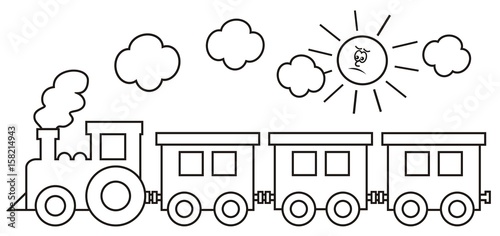 Steam locomotive with wagons. In background the smoke and the sun. Coloring book for kids.