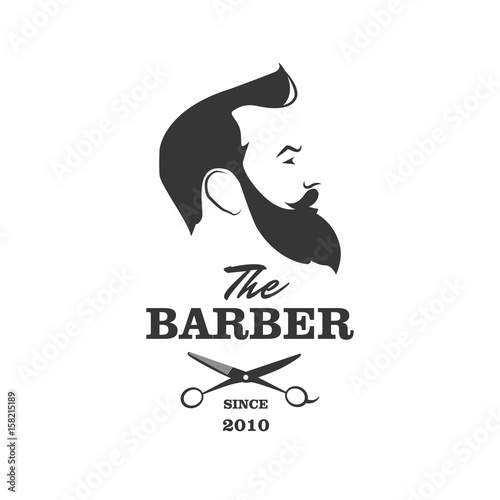 Obraz Fryzjer. Przystojny mężczyzna z brodą i wąsami. Nożyczki. Symbol sklepu fryzjer.
