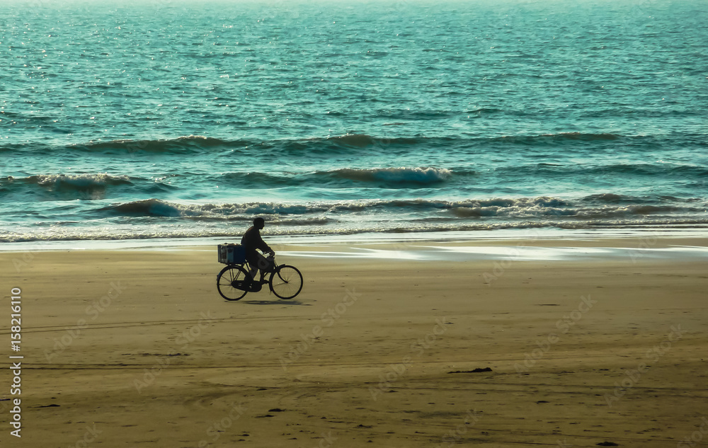 Fototapeta premium GOA, INDIA, MARCH 5, 2011: Bicyclist going on sand on a background the Indian ocean, Goa, India
