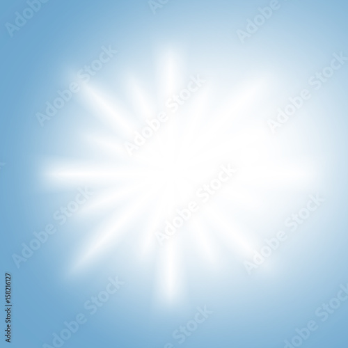 White sun rays on a light sky blue background