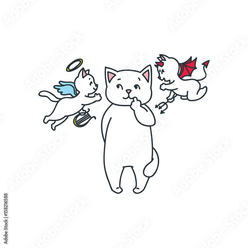 Doodle vector illustration of cute white cat listening to an angel cat and a devil cat photo