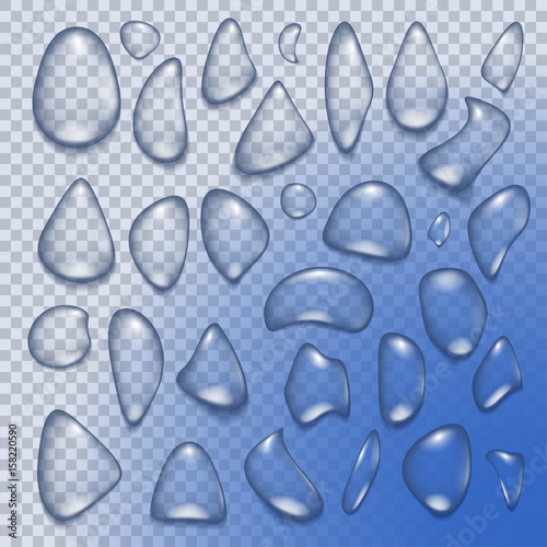 Set of realistic transparent water drops of different shapes.