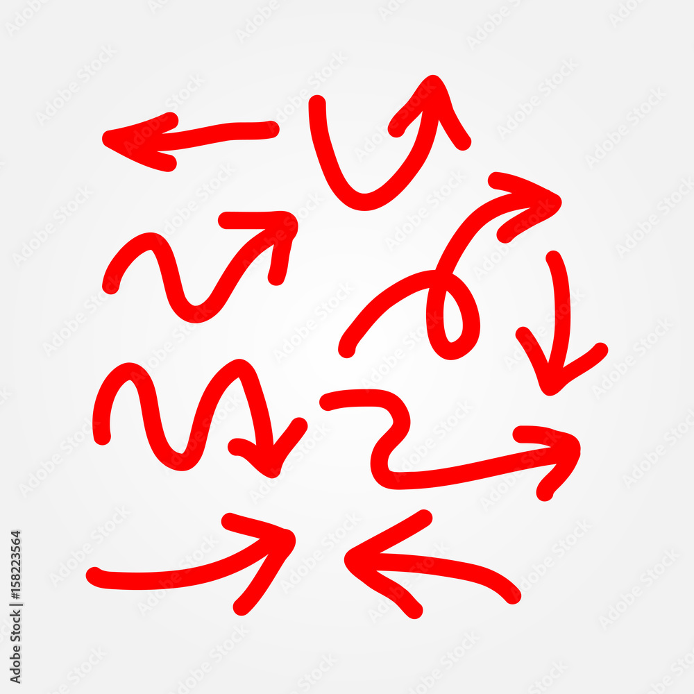 Set of red arrows. Drawn by hand. Doodle, sketch. Set of red arrows. Drawn by hand. Doodle, sketch.