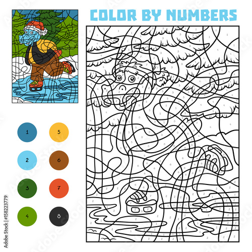Color by number for children, Hippo on skates