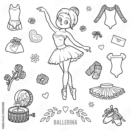 Vector black and white set with ballerina and dancing objects