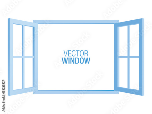 Blue vector window template, isolated on background. Two-sided opened window mockup.