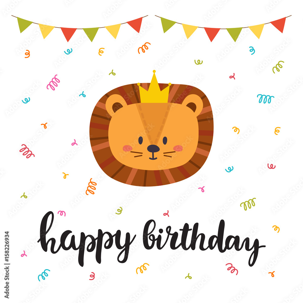 Happy Birthday. Cute greeting card with funny little lion Stock Vector |  Adobe Stock