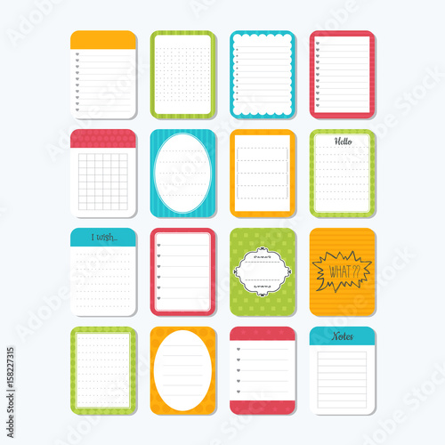 Template for notebooks. Cute design elements. Notes, labels, stickers. Collection of various note papers