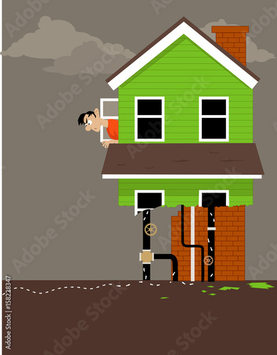 Homeowner looking out of the window of a house, half eaten by termites, EPS 8 vector illustration