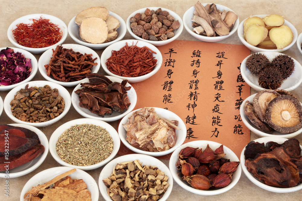 Traditional chinese herbal medicine selection in porcelain bowls with ...