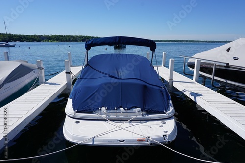 Docked Speed Boat, Blue Cover - Sunny Day - Summertime
