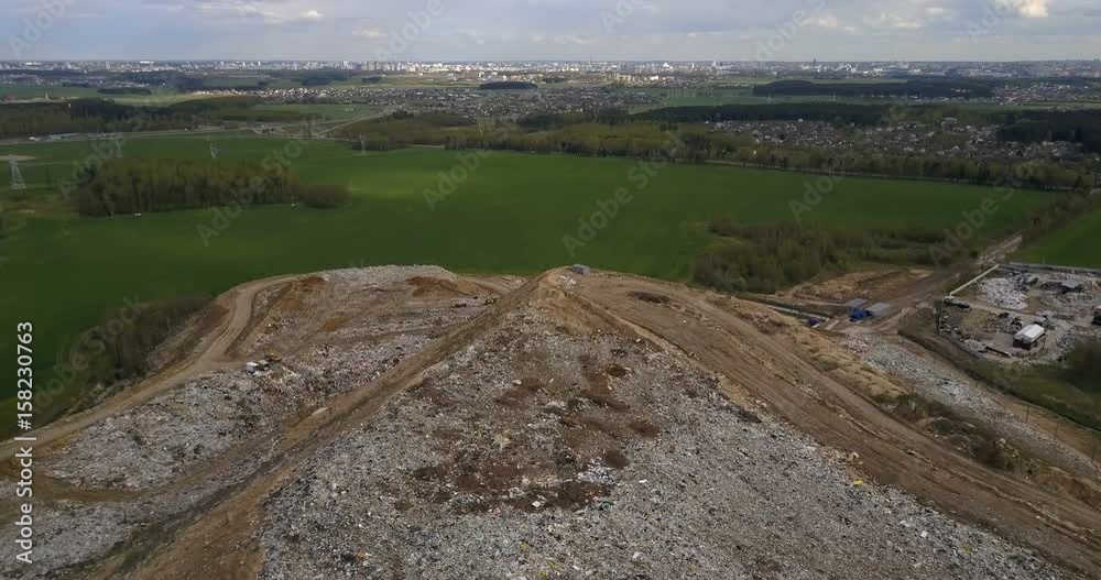 Aerial top view of the garbage dump and waste management plant. Copter ...