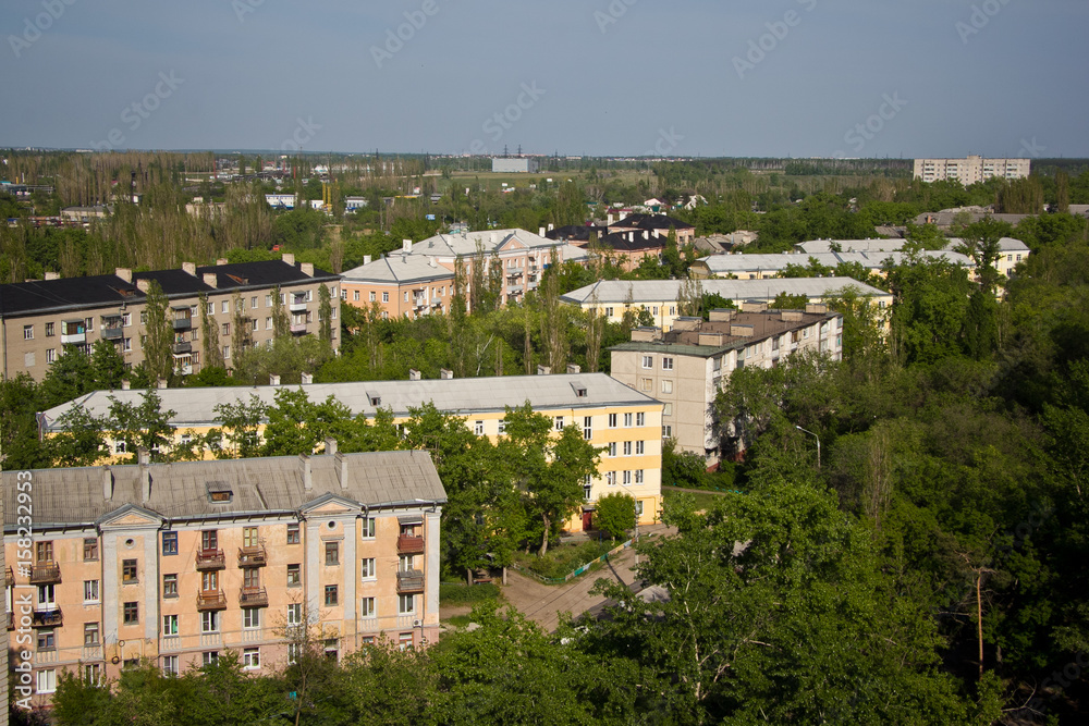 View from the roof to the old district of Voronezh. Old Soviet low-rise houses built by German prisoners after World War II in the late 40's and early 50's. Voronezh, Russia