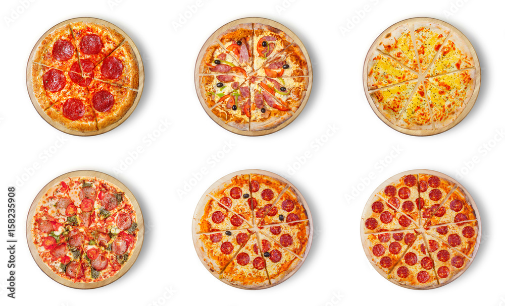 Six different pizza set for menu. Italian food traditional cuisine. Meat pizzas with mozzarella, salami, sausages, pepperoni and ham. The third number-Pizza four cheese. Six different pizza set for menu. Italian food traditional cuisine. Meat pizzas with mozzarella, salami, sausages, pepperoni and ham. The third number-Pizza four cheese.