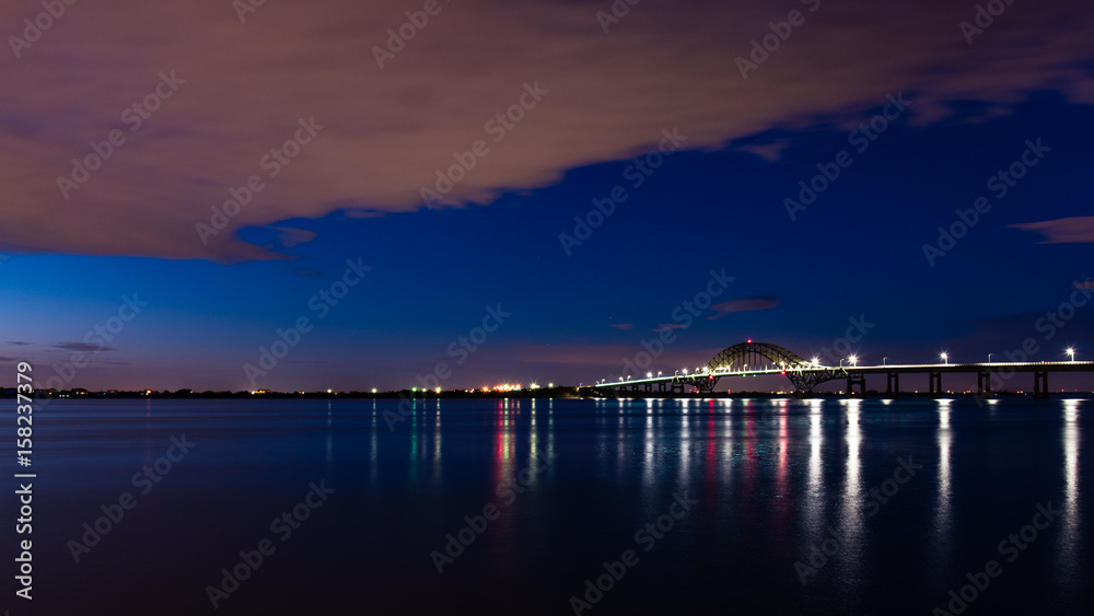 Blue Hour, reflections, bridge, water, clouds, lights