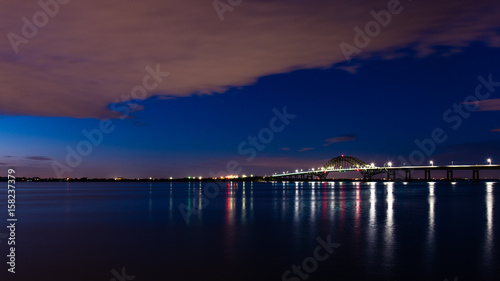 Blue Hour, reflections, bridge, water, clouds, lights