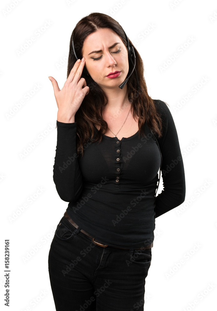Telemarketer Beautiful young girl making suicide gesture Telemarketer Beautiful young girl making suicide gesture