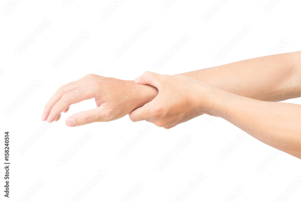 Man hand holding her wrist isolated on white background with clipping path, health care and medical