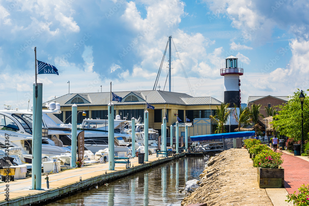 The Waterfront Promenade, a marina and lighthouse in Canton, Baltimore, Maryland.