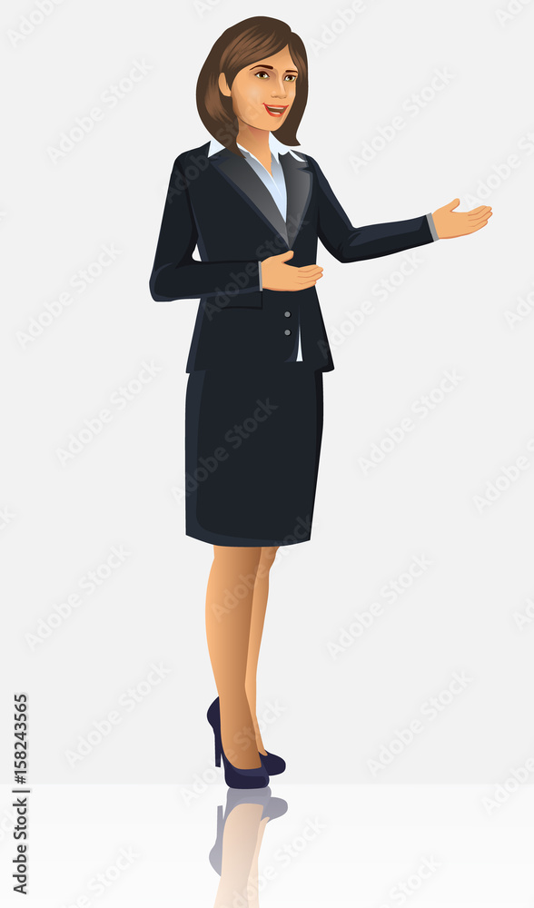 Businesswoman in black suits, with standing position or presentation poses, vector illustration Businesswoman in black suits, with standing position or presentation poses, vector illustration