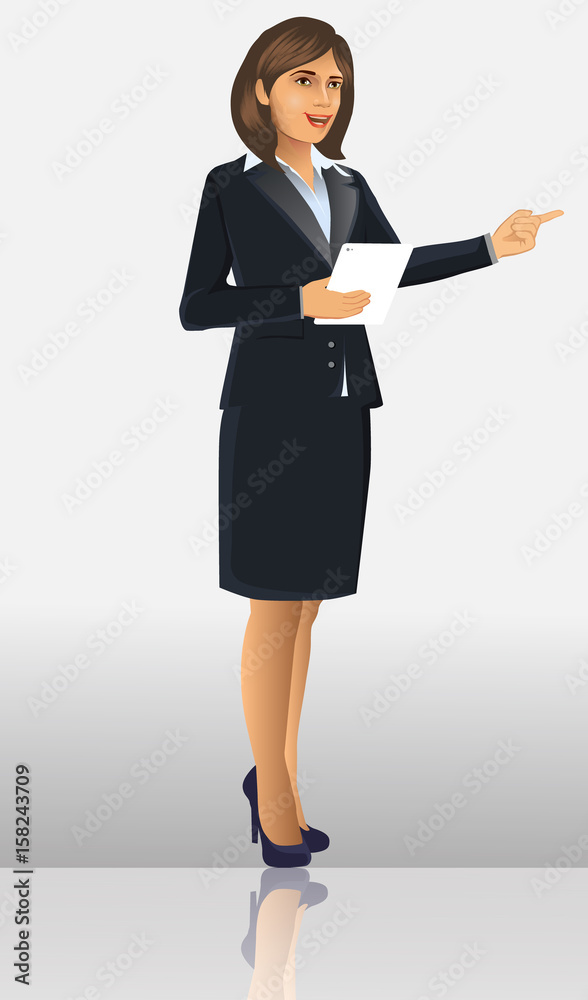 Businesswoman in black suits, with standing position or presentation poses, vector illustration Businesswoman in black suits, with standing position or presentation poses, vector illustration