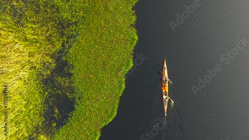 Bird's eye view of tourists canoeing in the Ibera Wetlands, Corrientes Province, Argentina