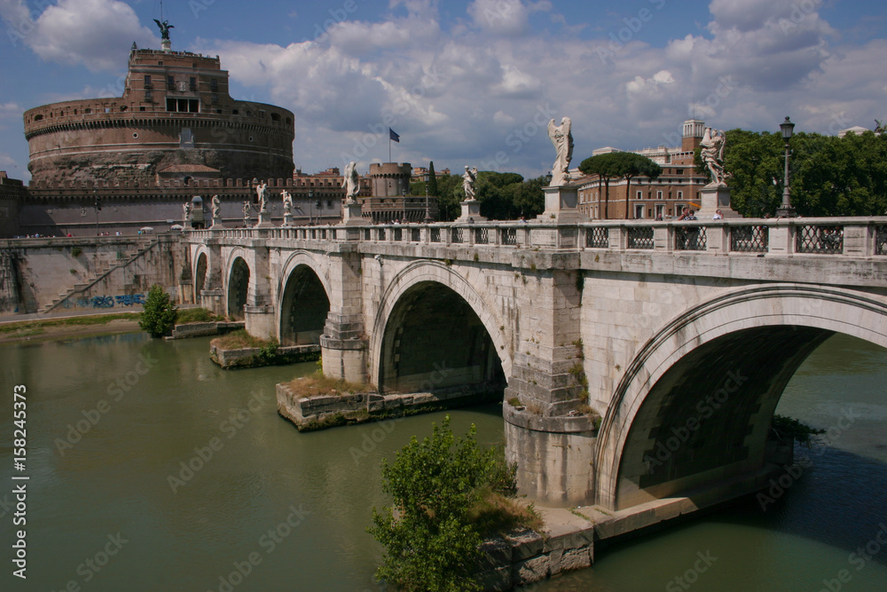 Rome, Italy. Bridge and Castel Sant Angelo and Tiber River.