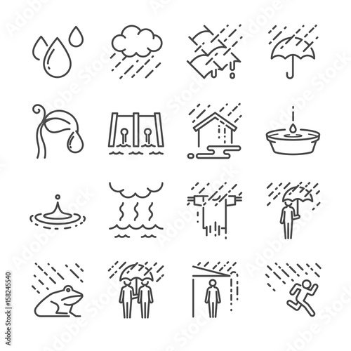 Rain vector line icon set. Included the icons as rain, umbrella, water, water drop and more.