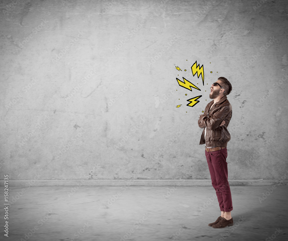 Funny hipster in fashion clothing shouting Funny hipster in fashion clothing shouting