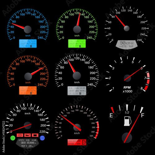Speedometers. Collection of speed gauges on black background