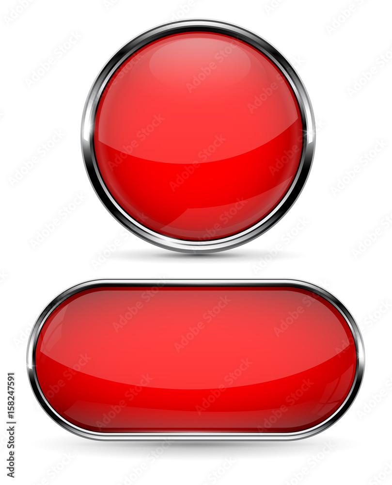Red glass buttons with metal frame. Round and oval web icons Red glass buttons with metal frame. Round and oval web icons