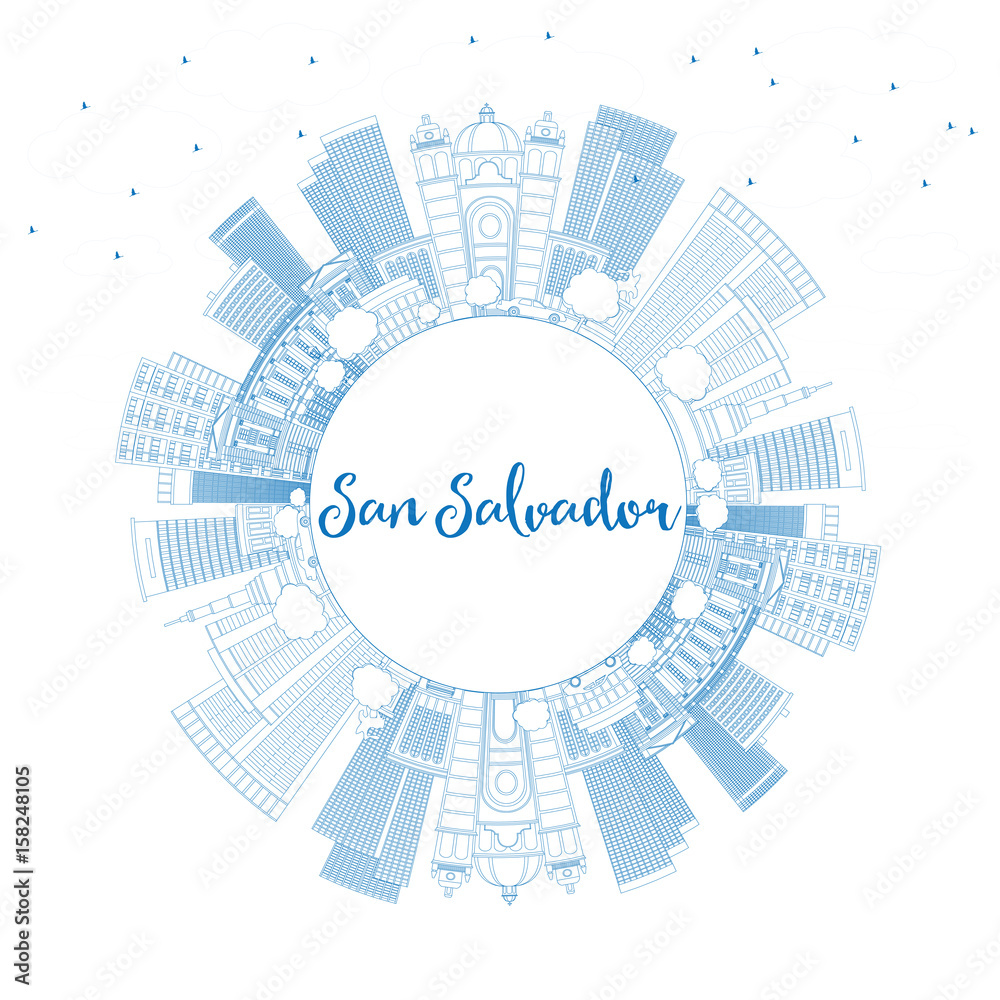 Obraz premium Outline San Salvador Skyline with Blue Buildings and Copy Space.