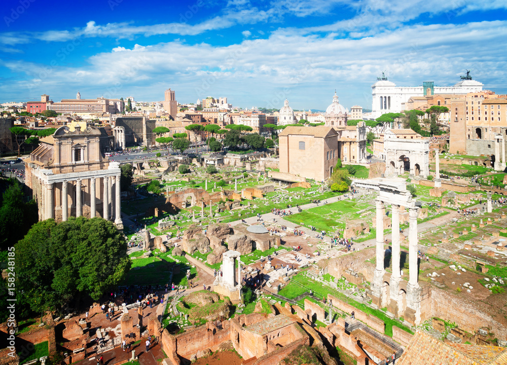 Forum - Rome cityscape with famous antique ruins, Italy, retro toned
