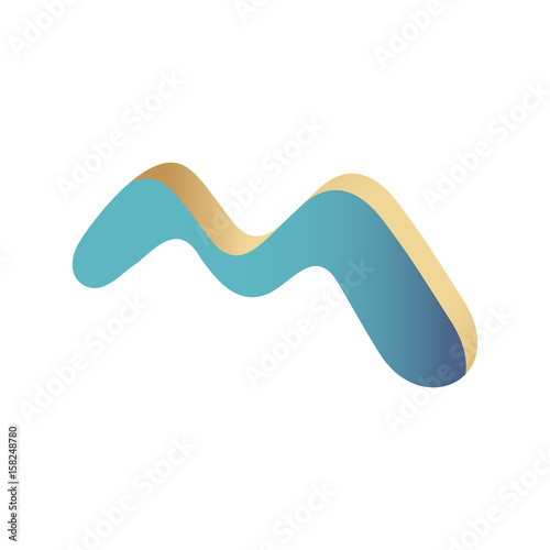 Illustration of stylized letter M with gold and blue gradients. Abstract vector logo. Creative logotype template. Design element. Can be used for print on clothes. EPS10.