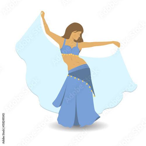 Beautiful girl in blue suit dancing belly dance. Oriental dancing flat style vector illustration. Belly dancer in traditional dress. Professional long haired  woman dancing show exotic sexual dance.

