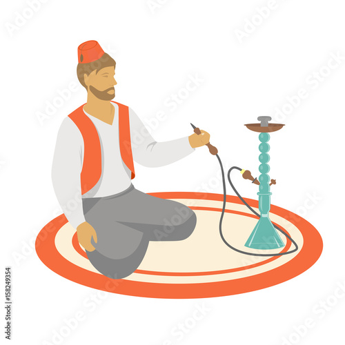 A man in a traditional Turkish suit and fez sits in Turkish and smokes a hookah flat style vector illustration.
