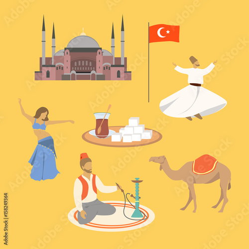 Cartoon Turkey symbols and objects set vector illustration: Saint Sophie Cathedral, belly dancer, turkish tea, turkish delight, camel, dancing dervish, man smokes a hookah while sitting in turkish.
