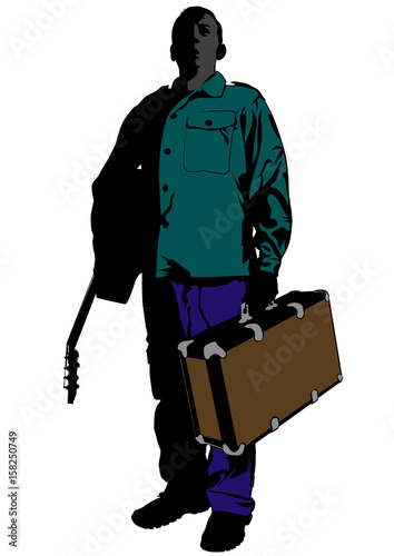 Man with acoustic guitar and suitcase in his hands on white background