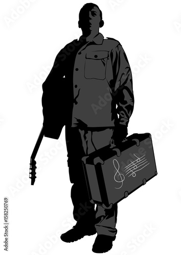 Man with acoustic guitar and suitcase in his hands on white background