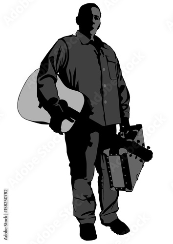 Man with acoustic guitar and suitcase in his hands on white background