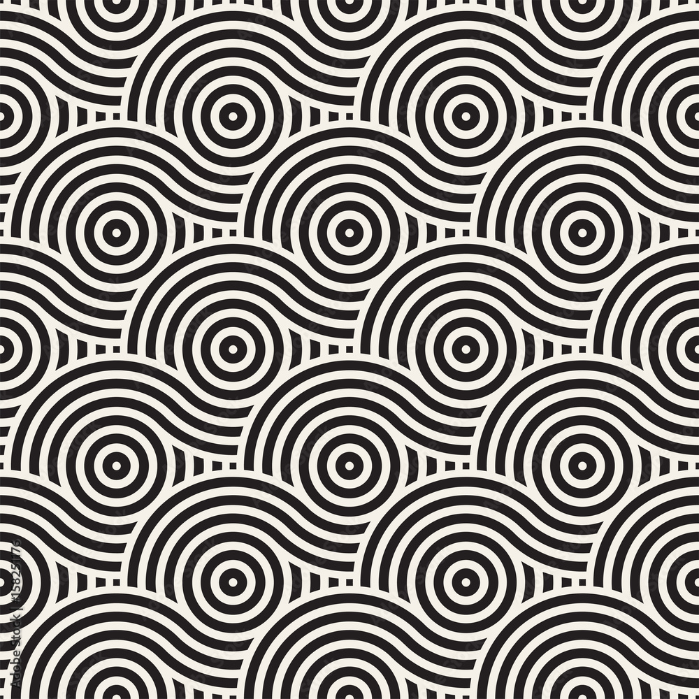 Vector seamless geometric pattern composed with circles and lines. Modern stylish rounded stripes texture. Repeating abstract background