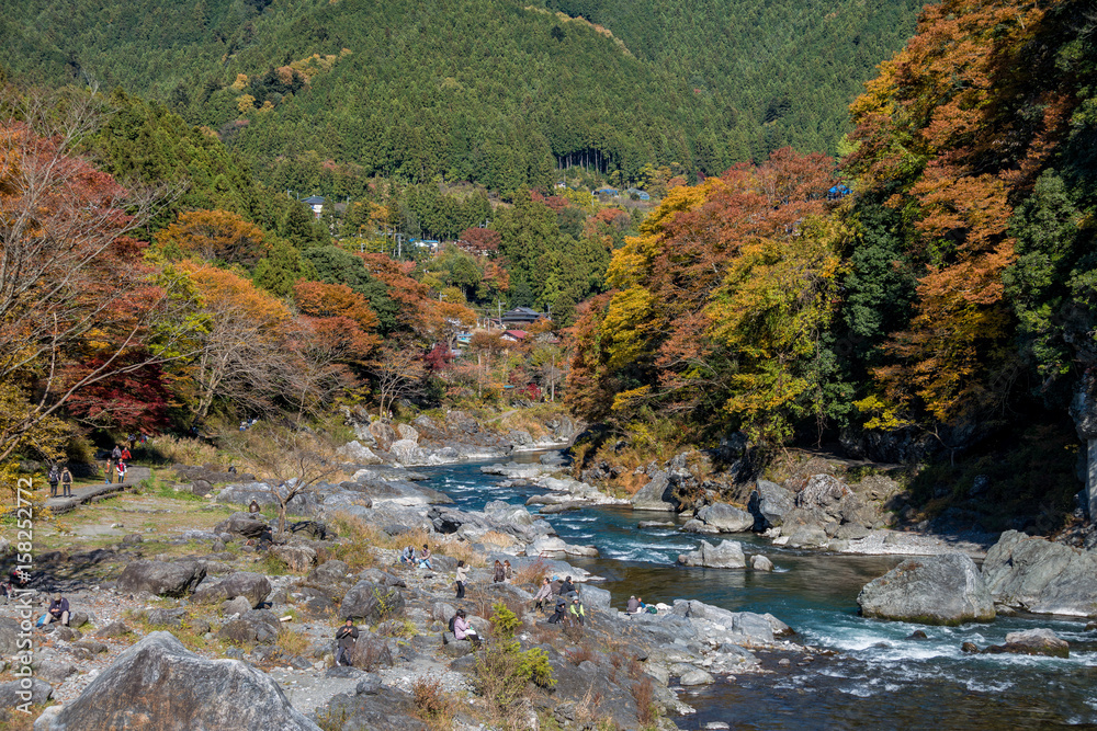 Mitake town and Tama river, beautiful small town in autumn season.