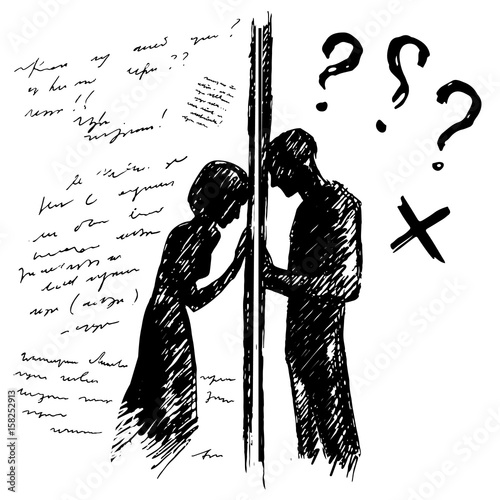 Incomprehension couple man woman talking through the wall. Sketch vector illustration. Misunderstanding conflict
