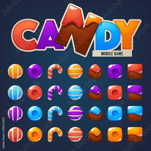 Sweet, glossy and fun, Candy and Chocolate,, bubble shooter, match 3, vector objects and blocks