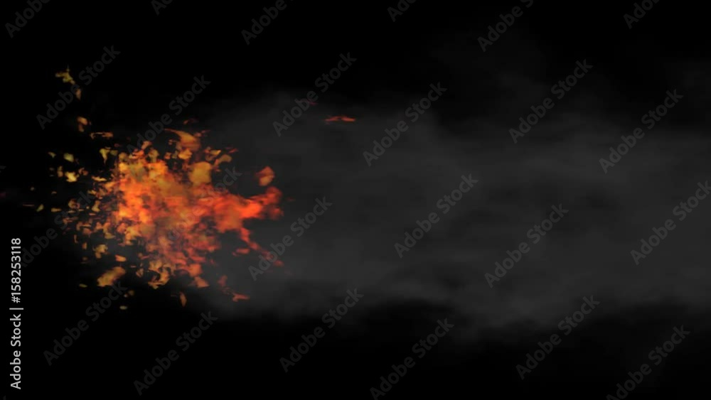 Animated exploding locomotive's t fire and smoke in 4k. Against black background. Mask included. Smoke is drifting to the right side as if train is moving with high speed. Top camera view.