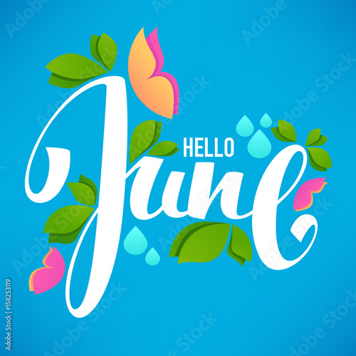 Hello June, Vector Banner Design Template With Images Of Green Leaves, Bright Butterfly And Lettering Composition