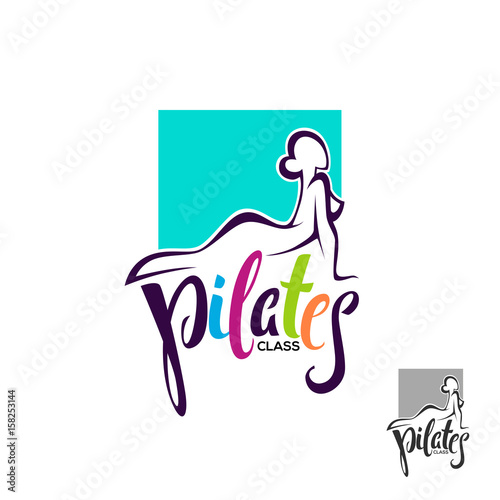 Pilates class, lesson logo template, lettering composition with woman body