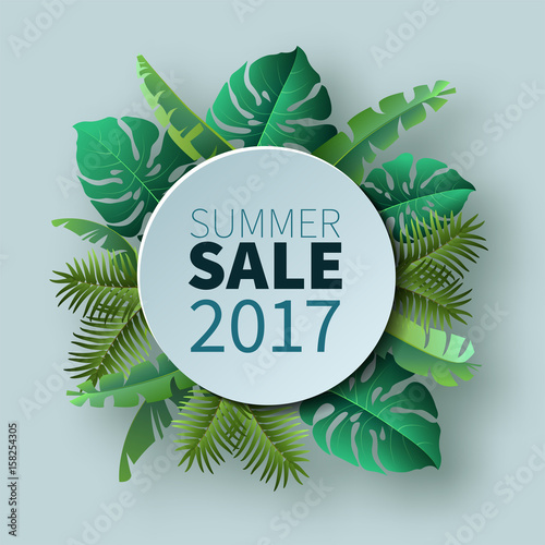 Hello summer, summertime. The text poster against the background of tropical plants. The poster for sale and an advertizing sign.  Vector Illustration.